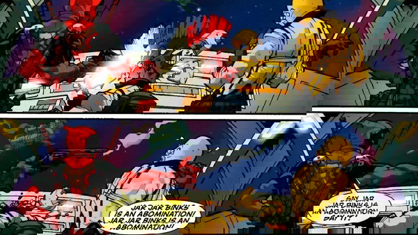 HQ de Deadpool mostrando uma referência a Jar Jar Binks de Star Wars