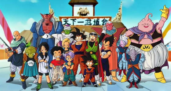 Uma imagem de desenho animado de alguns personagens de anime com as  palavras dragon ball z.