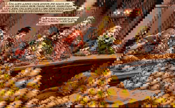 os deuses em seu banquete de maçãs douradas