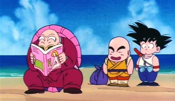Dois jovens meninos, Goku e Kuririn, observam o mestre Kame, um senhor idoso, na praia, enquanto se preparam para treinar