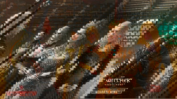 Geralt conversando com habitantes do novo território